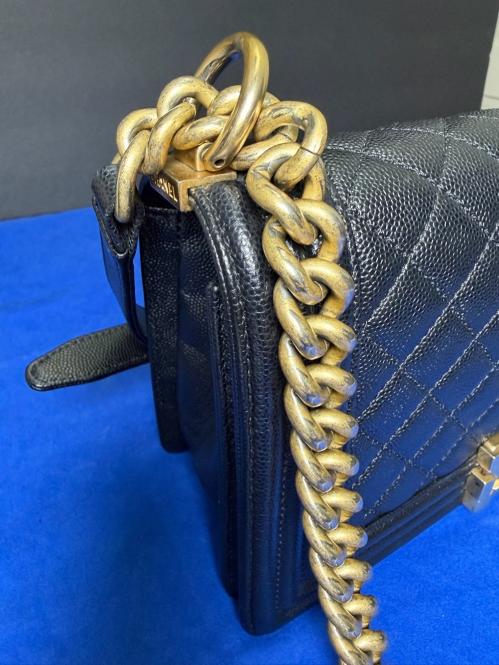 Authentic Chanel Boy Quilted Bag, Black Caviar Leather with Gold Hardware - Picture 14 of 16